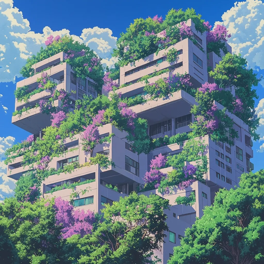 Here's a description of the image:

The illustration depicts a futuristic, multi-level building densely covered in lush green trees and vibrant purple flowering plants.  Its unique, angular design features layered balconies and terraces, each overflowing with vegetation. The building appears to be integrated with nature, blurring the lines between architecture and the environment. The sky is a clear blue with fluffy white clouds, providing a cheerful backdrop to this idyllic, almost utopian scene.  The overall style is reminiscent of anime or digital art.