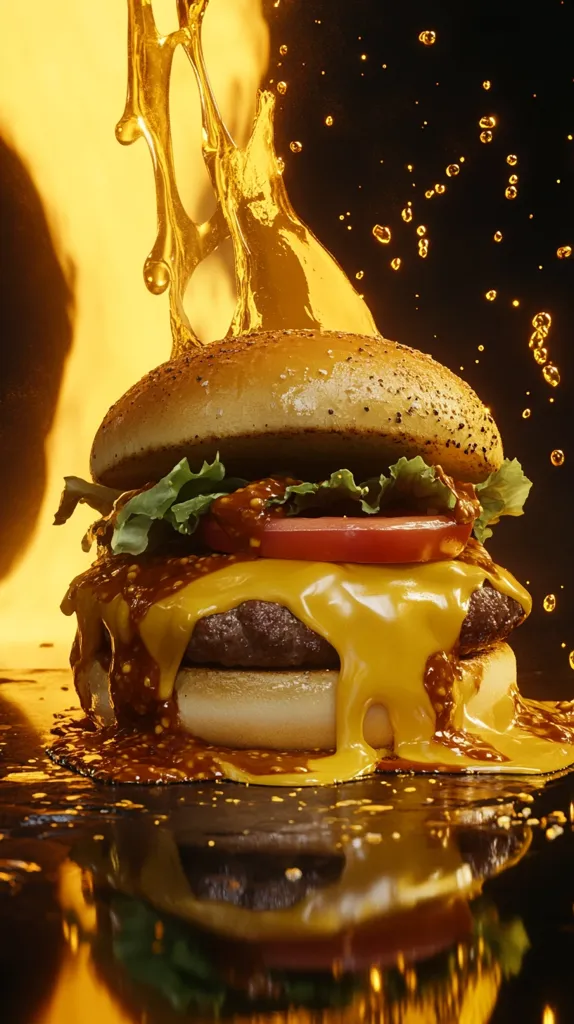 A juicy cheeseburger, dripping with melted cheese and sauce, is the centerpiece of this dynamic image.  The burger, complete with lettuce and tomato, sits on a dark, reflective surface.  A splash of golden liquid, perhaps oil or melted cheese, dramatically arcs above it, suggesting intense heat and deliciousness. The background features a fiery orange glow, enhancing the overall impression of a sizzling, mouthwatering culinary experience.