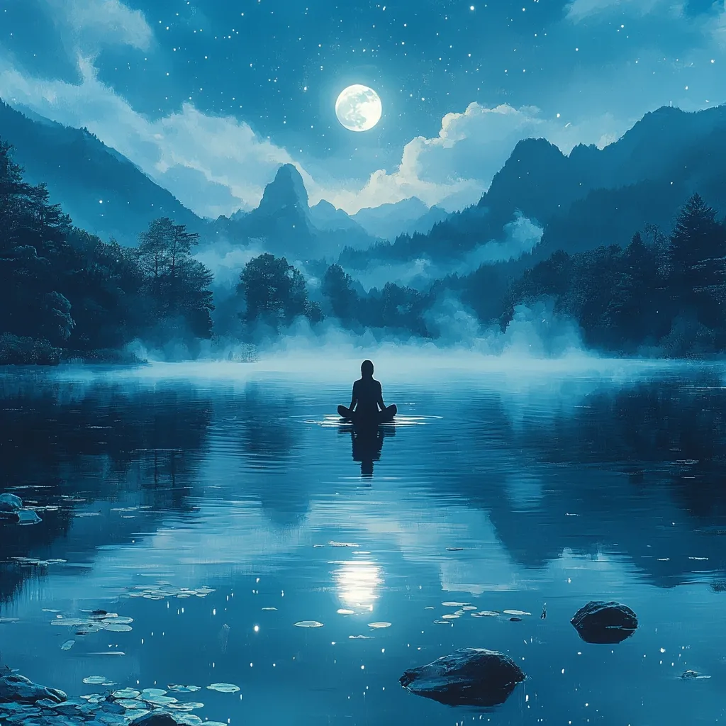 A serene nighttime scene depicts a person in lotus position meditating on a calm lake.  The water reflects the moonlit sky and surrounding mountains, shrouded in a soft mist.  Dark silhouettes of trees line the shore, creating a peaceful and tranquil atmosphere.  The overall color palette is cool blues and deep grays, enhancing the sense of serenity and quiet contemplation.  Stars twinkle faintly in the night sky, adding to the magical quality of the image.