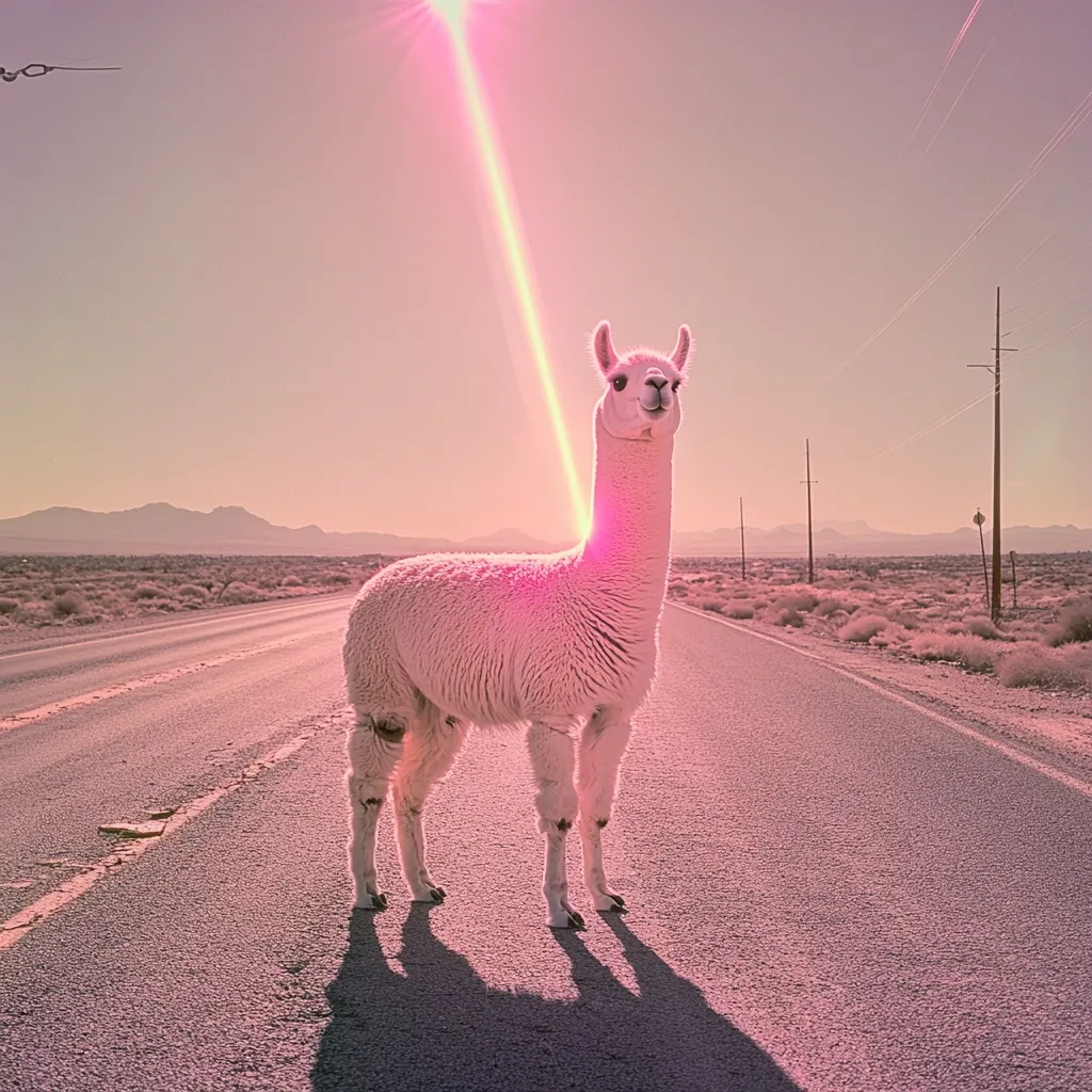 A fluffy white llama stands in the middle of a deserted highway under a vibrant pink sun.  A beam of pink light, reminiscent of a sun ray, shines down on the llama, which faces the camera. The background features a desolate landscape with mountains in the distance and power lines stretching along the road. The overall image has a surreal, almost dreamlike quality due to the color palette and lighting.