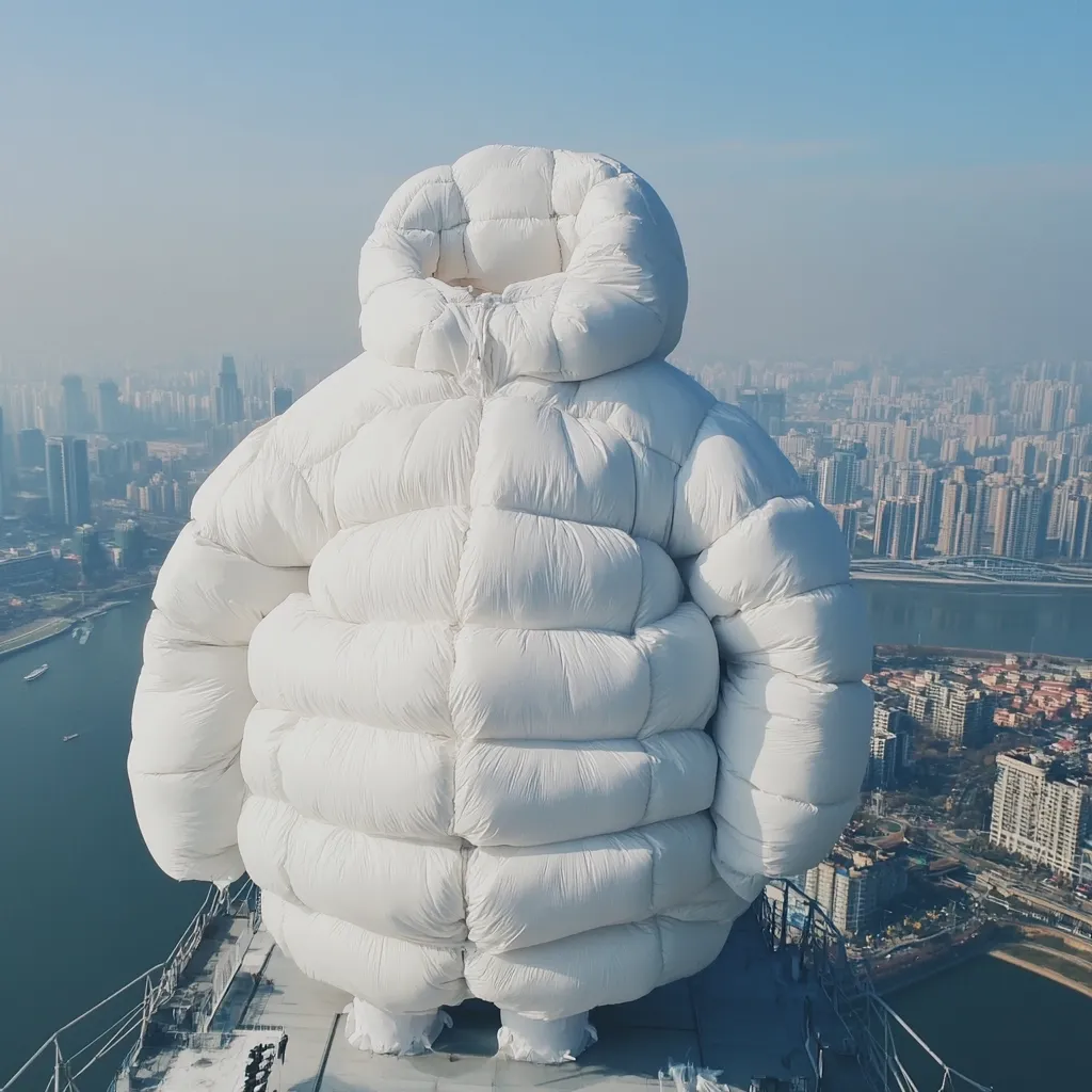 Here's a description of the image:

An enormous, oversized white puffer jacket stands on a rooftop overlooking a sprawling cityscape.  The jacket, comically large, dominates the frame, its numerous, inflated compartments creating a visually striking texture. The city below stretches to the horizon, a hazy mix of buildings and waterways under a clear, bright sky.  The contrast between the immense jacket and the miniature scale of the city emphasizes the jacket's exaggerated size. The scene suggests a contemporary art installation or a strikingly unusual fashion statement.