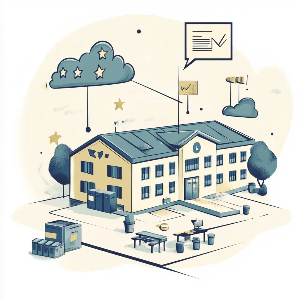This illustration depicts a single-story building, possibly a school or community center, surrounded by trees, picnic tables, and waste bins.  A cloud with five stars above it suggests high ratings or positive feedback.  Other icons, including graphs and checkmarks, imply data analysis and successful performance. The overall style is clean, modern, and uses a muted color palette. The image conveys a sense of achievement and positive evaluation of the building or organization it represents.