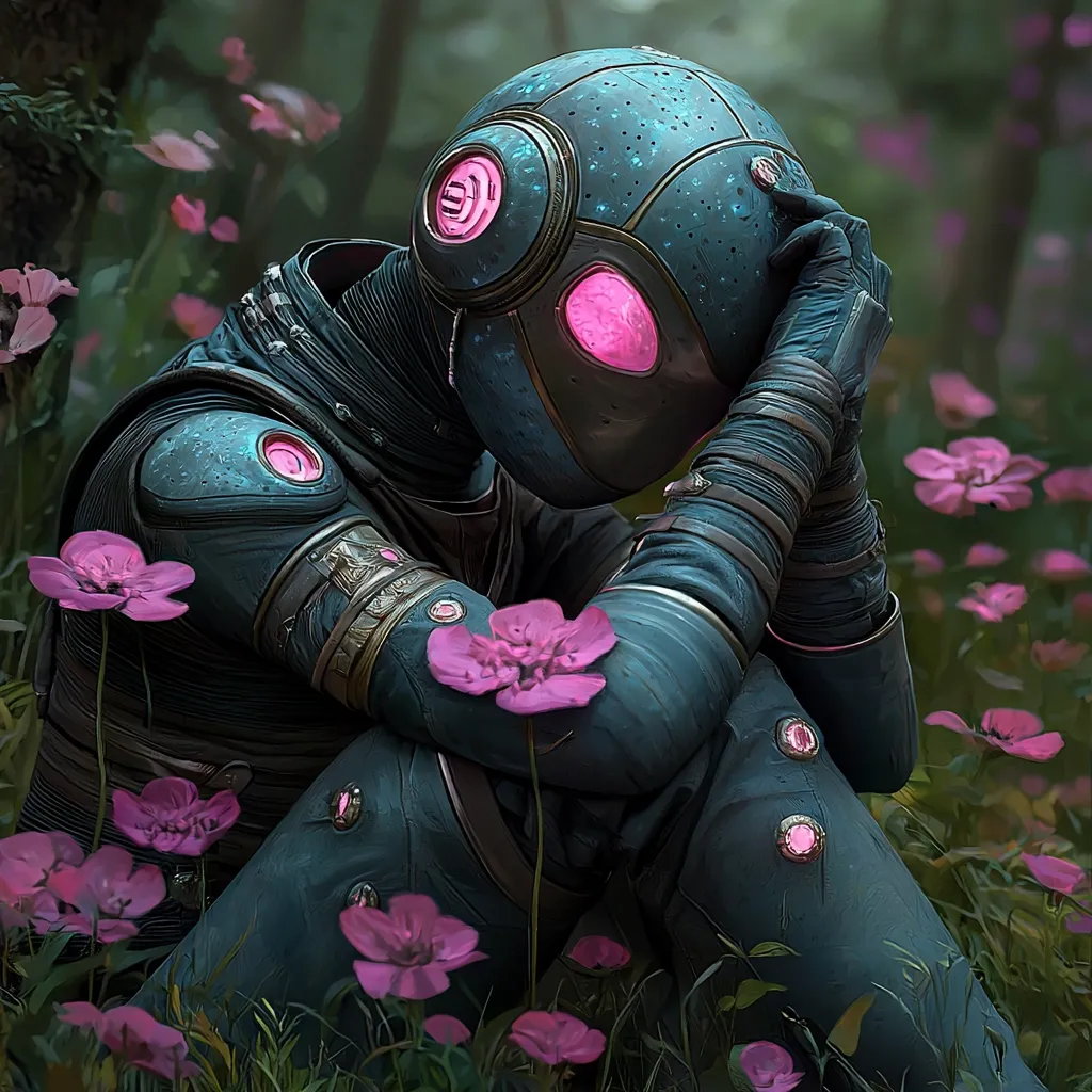 A futuristic, teal-colored robot sits amidst a field of vibrant pink flowers.  Its helmet, adorned with glowing pink accents, is bowed low, suggesting sadness or contemplation. The robot's armored suit is intricately detailed, with metallic bands and glowing circular elements. The overall mood is melancholic and slightly surreal, contrasting the technological elements with the serene natural setting.  The scene is rendered in a highly detailed, painterly style.