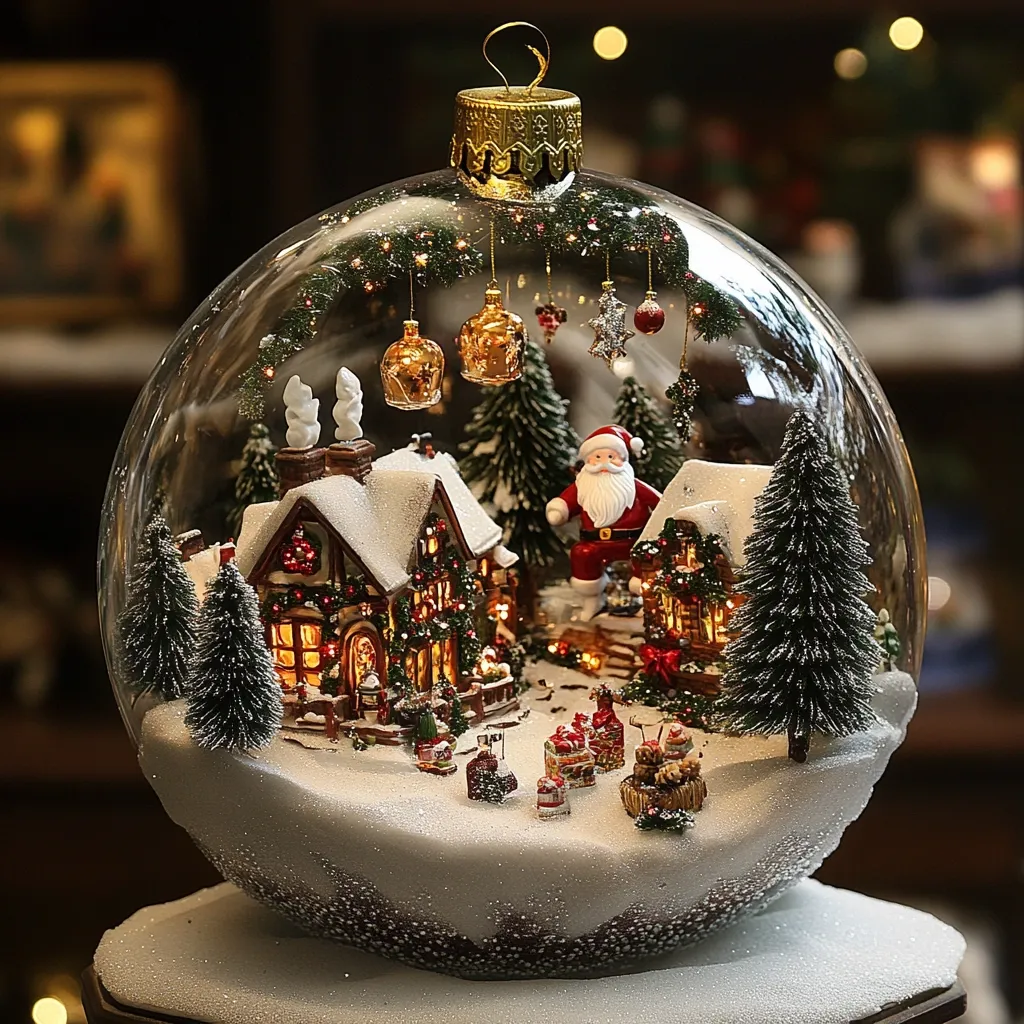 Here's a description of the image:

A large, clear glass Christmas ornament encloses a miniature snow-covered village scene.  Illuminated from within, the scene depicts a cozy cottage, snow-dusted evergreens, and Santa Claus himself.  Small details like presents, sleighs, and decorative ornaments add to the festive charm. The ornament hangs from a golden top, and the base is covered in a layer of artificial snow.  The overall effect is enchanting, creating a whimsical and detailed winter wonderland.