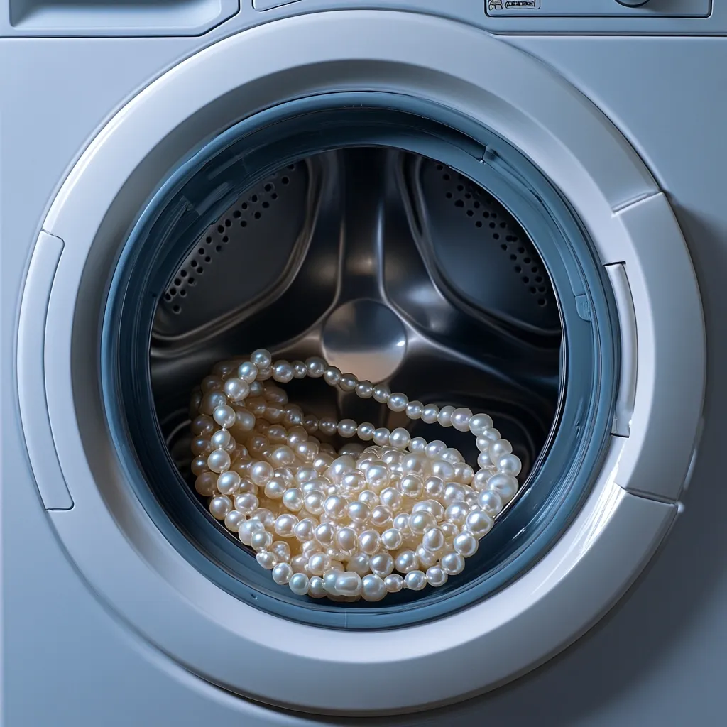 A close-up shot reveals a pearl necklace nestled inside the drum of a modern, light gray washing machine. The pearls, lustrous and creamy white, are loosely piled, creating a striking contrast against the machine's sleek, metallic interior.  The image subtly juxtaposes the delicate nature of the pearls with the utilitarian purpose of the appliance, creating a visually intriguing scene. The overall lighting is soft and even, emphasizing the textures of both the pearls and the washing machine.