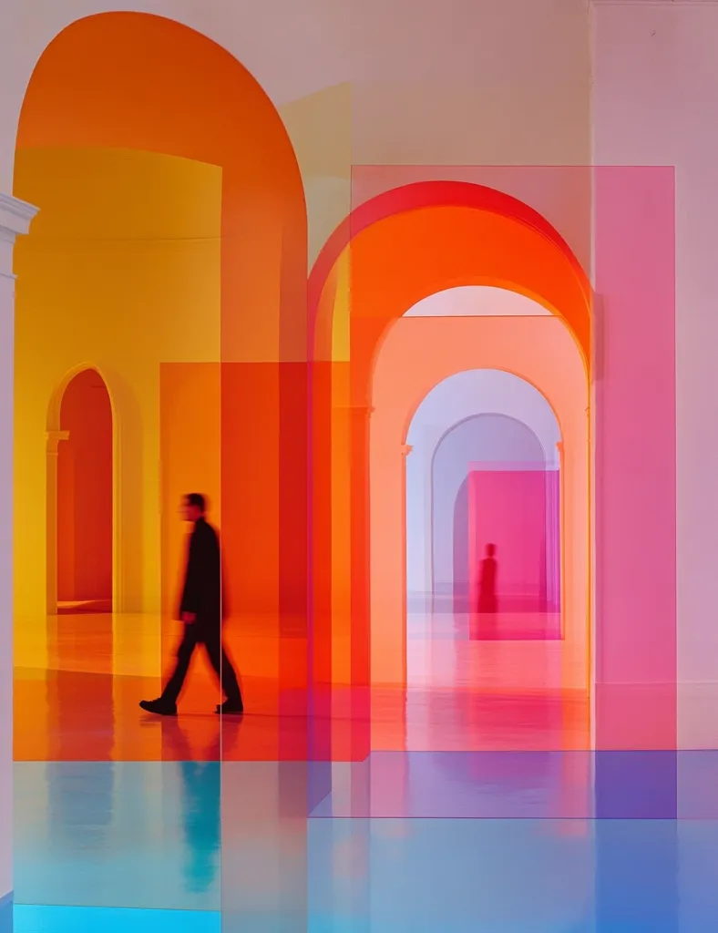 A blurred figure walks through a vibrant, colorful installation.  Archways and rectangular panels of translucent orange, pink, yellow, and purple acrylic create an immersive, almost dreamlike space. The colors reflect and refract on the glossy floor, creating a kaleidoscopic effect. The architecture is classical, but the bright, saturated hues of the contemporary artwork transform the environment into an abstract and captivating scene.