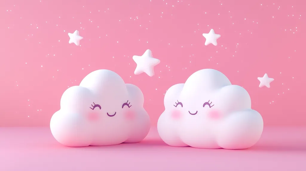Two adorable, smiling, white clouds are the focal point of this image, set against a soft pink backdrop.  Small, white stars sprinkle the background, creating a dreamy atmosphere. The clouds are depicted in a cute, cartoonish style with simple features, conveying a sense of happiness and gentleness. The overall aesthetic is whimsical and childlike, perfect for a greeting card or children's product.