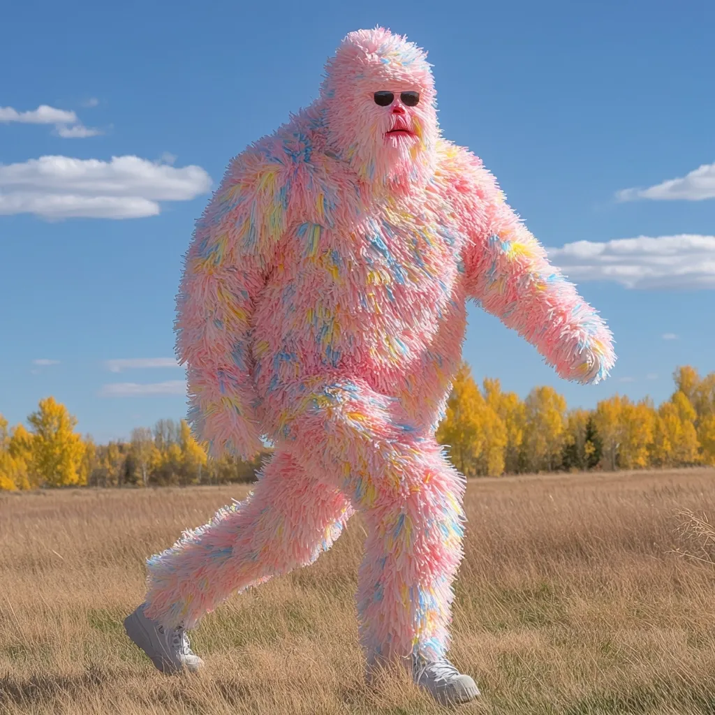 A fluffy, pastel pink and light blue Bigfoot costume strides across a field of tall, dry grass.  The figure wears sunglasses and white sneakers, contrasting with the vibrant, whimsical costume.  Golden-yellow trees line the horizon under a mostly clear blue sky with a few fluffy clouds. The overall impression is playful and slightly surreal.