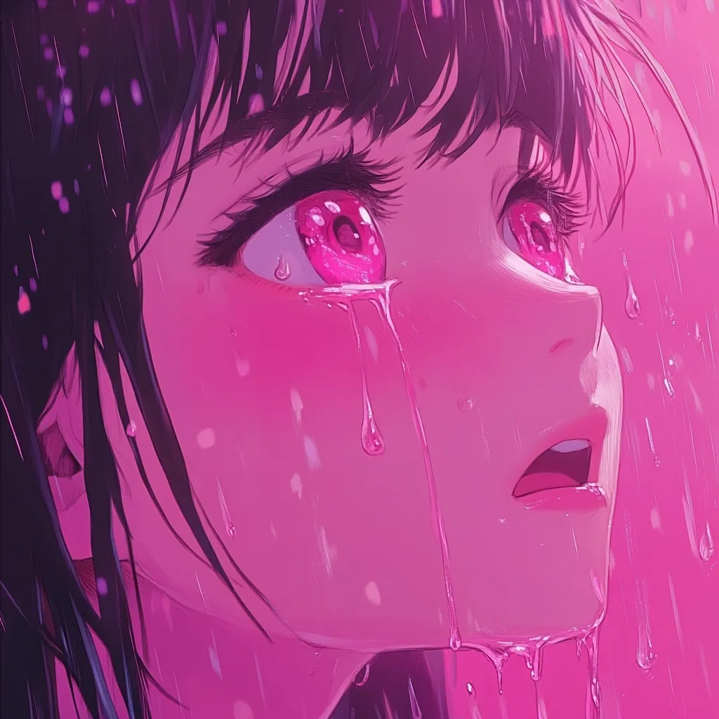 The image is a close-up of an anime-style girl's face, rendered in vibrant pinks and purples.  Rain falls around her, and large tears stream down her cheeks, contrasting with her bright pink eyes. Her mouth is slightly open in a look of sadness or surprise. The overall mood is melancholic and evocative, emphasized by the dramatic lighting and color palette. The style is digital art, showing a smooth rendering with attention to detail in the hair and skin.