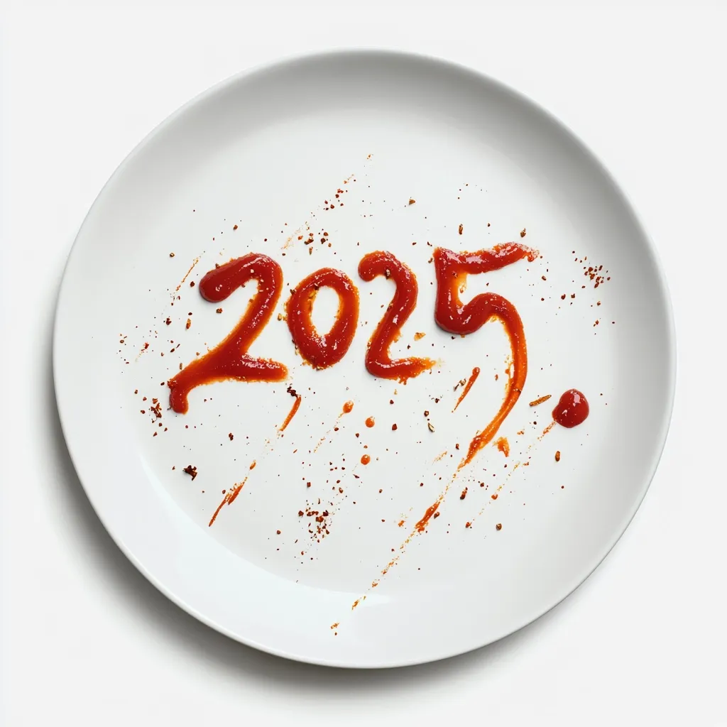 A white plate displays the year 2025 written in ketchup.  The numbers are slightly uneven, giving a casual, hand-written feel.  Scattered ketchup splatters and dried red seasoning are visible around the numerals, adding to the informal, possibly playful, presentation. The overall impression is a simple yet visually engaging depiction of the upcoming year.