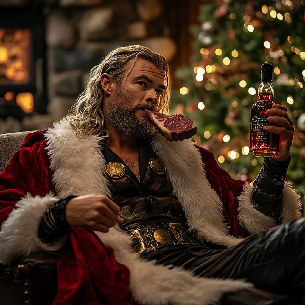 Here's a description of the image:

The image shows Chris Hemsworth, styled as Thor, dressed in a Santa Claus outfit.  He's seated in a plush chair, a Christmas tree twinkling in the background.  Thor, with his signature long blond hair and beard, holds a large, raw steak in his mouth and a bottle of whiskey in his hand.  His costume combines the Santa suit with elements of his Thor attire, creating a humorous juxtaposition of Christmas cheer and Viking-inspired style.  The overall mood is festive yet playfully unconventional.