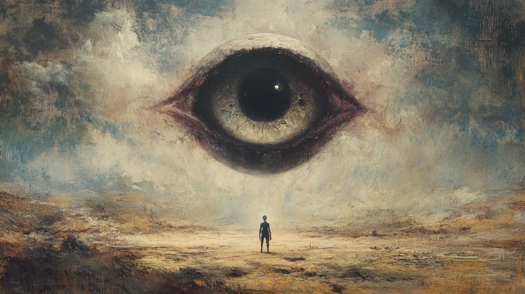 The artwork depicts a surreal landscape under a brooding sky.  Dominating the scene is a colossal eye, floating in the clouds, its iris dark and unsettling.  A lone, small figure stands in a desolate, earthy expanse below, dwarfed by the immense eye above. The style is reminiscent of Romantic or Symbolist painting, with textured brushstrokes creating a sense of both vastness and unease. The overall mood is one of isolation, mystery, and perhaps, divine observation.
