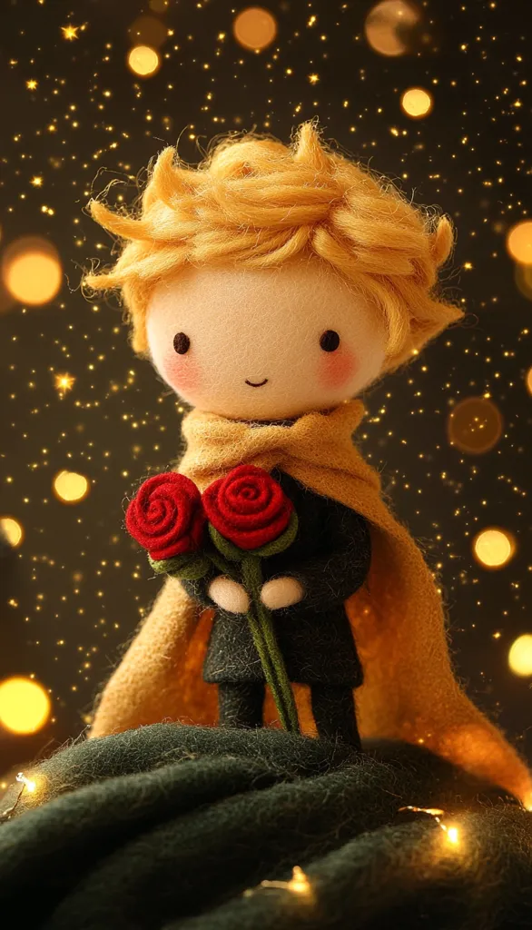 A charming felt doll, representing the Little Prince, stands against a bokeh background of golden lights resembling stars.  He has blonde hair, rosy cheeks, and holds two red felt roses.  Dressed in a dark suit and a mustard-yellow cape, he exudes a gentle, whimsical charm. The overall image evokes the magical and heartwarming atmosphere of the classic tale.