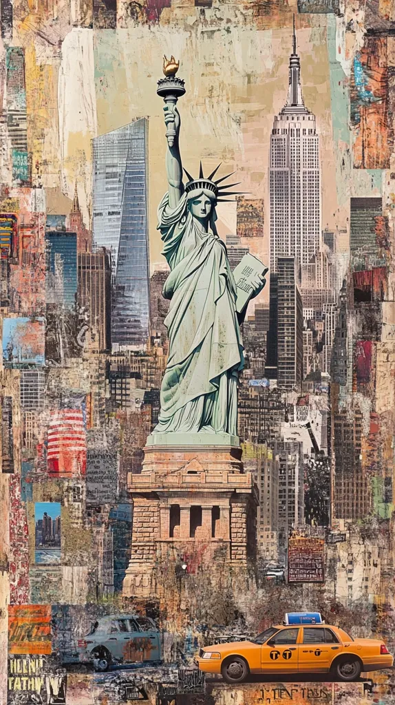 This artwork is a vibrant collage depicting a stylized view of New York City.  The Statue of Liberty stands prominently, overlaid on a textured background of cityscapes, including the Empire State Building.  Various fragments of vintage posters, newspaper clippings, and building facades create a sense of layered history and urban energy.  A yellow cab and a vintage car are subtly integrated into the composition, adding to the city's iconic imagery.  The overall effect is a nostalgic yet contemporary representation of the city's character.
