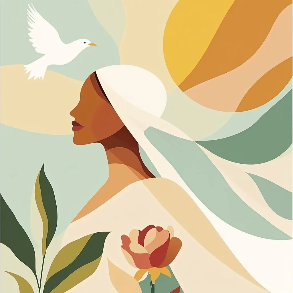 The artwork is a stylized portrait of a woman with warm brown skin, wearing a flowing white head covering that resembles a veil.  She is presented in profile, her gaze directed upward, suggesting peace or contemplation. A white dove flies above her, symbolizing serenity or hope.  The background is an abstract landscape of muted earth tones and greens, with a stylized sun. A single, stylized rose is partially visible near her hand, adding a touch of delicate beauty. The overall style is minimalist and elegant, employing bold shapes and soft color palettes.