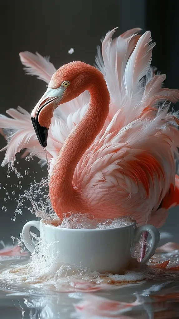 A vibrant pink flamingo, its feathers ruffled and spread in a graceful arc, is captured in a whimsical moment.  It's submerged in a white teacup, creating a splash of water and foam.  The contrast between the flamingo's delicate plumage and the simplicity of the cup is striking.  The scene is subtly lit, highlighting the textures and creating a dreamlike, almost surreal atmosphere.  Pink feathers float on the water's surface, completing the magical image.