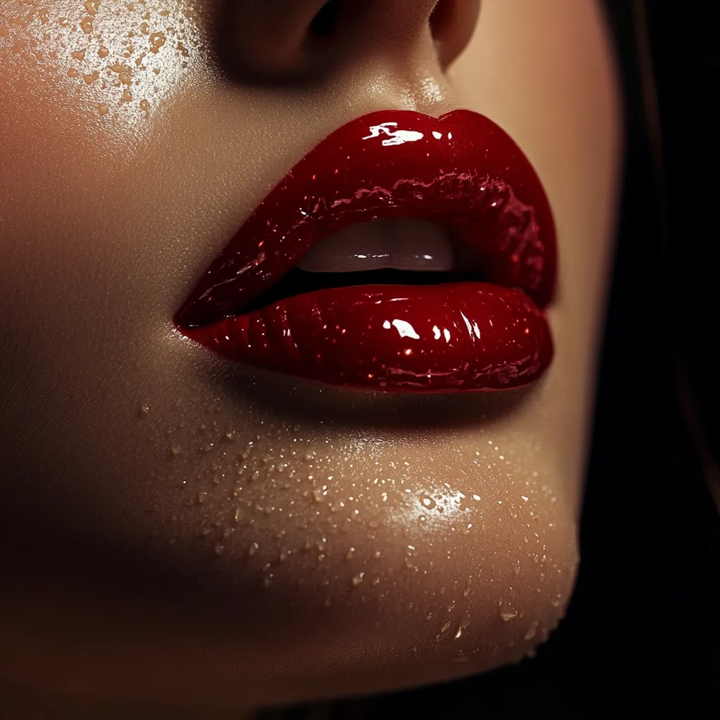 Close-up view of a woman's lips, adorned with glossy, dark red lipstick.  The lips are full and sensual, with a high-shine finish. The skin around the mouth shows subtle dewiness or a light sheen, possibly from moisturizer or perspiration, giving a fresh, almost wet appearance. The overall image is dark and dramatic, focusing solely on the lips and surrounding skin.