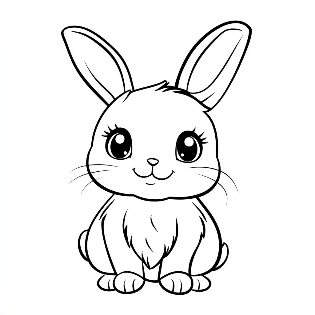 The image shows a line drawing of a cartoon rabbit.  The rabbit is depicted in a sitting position, with large, expressive eyes, long ears, and a fluffy chest.  Its features are simplified and endearing, giving it a cute, childlike appearance.  The style is reminiscent of a coloring book page, suitable for children. The rabbit has a small, happy smile.