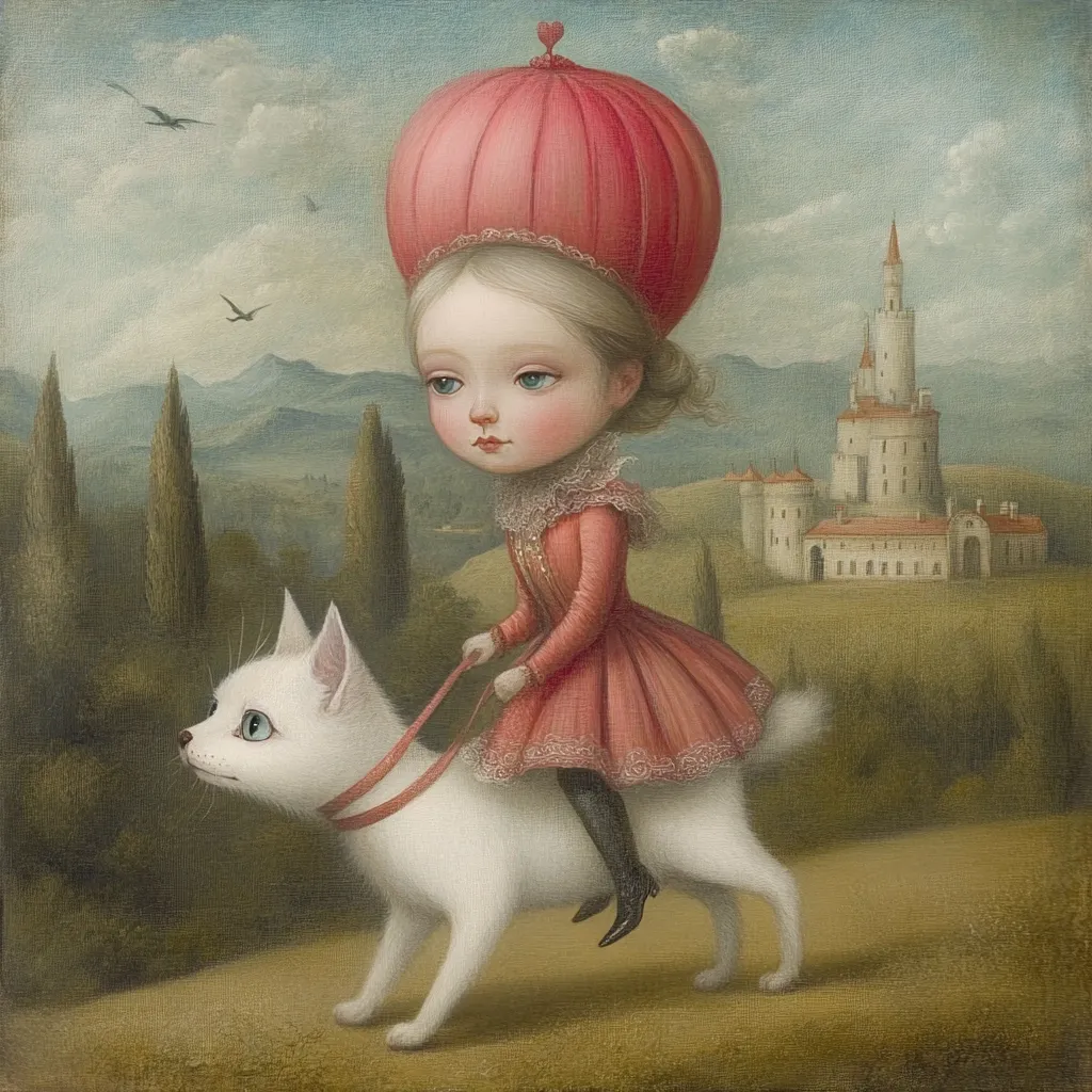 A young girl, wearing a pink bonnet and dress, sits astride a white cat.  She holds the reins of a pink leash, guiding her unusual steed across a gently sloping landscape. In the distance, a fairytale castle stands majestically against a muted sky.  The scene is painted in a soft, dreamlike style, with muted colors and a focus on delicate detail. Birds fly overhead, adding to the serene and slightly melancholic atmosphere. The overall impression is one of whimsical charm and quiet contemplation.