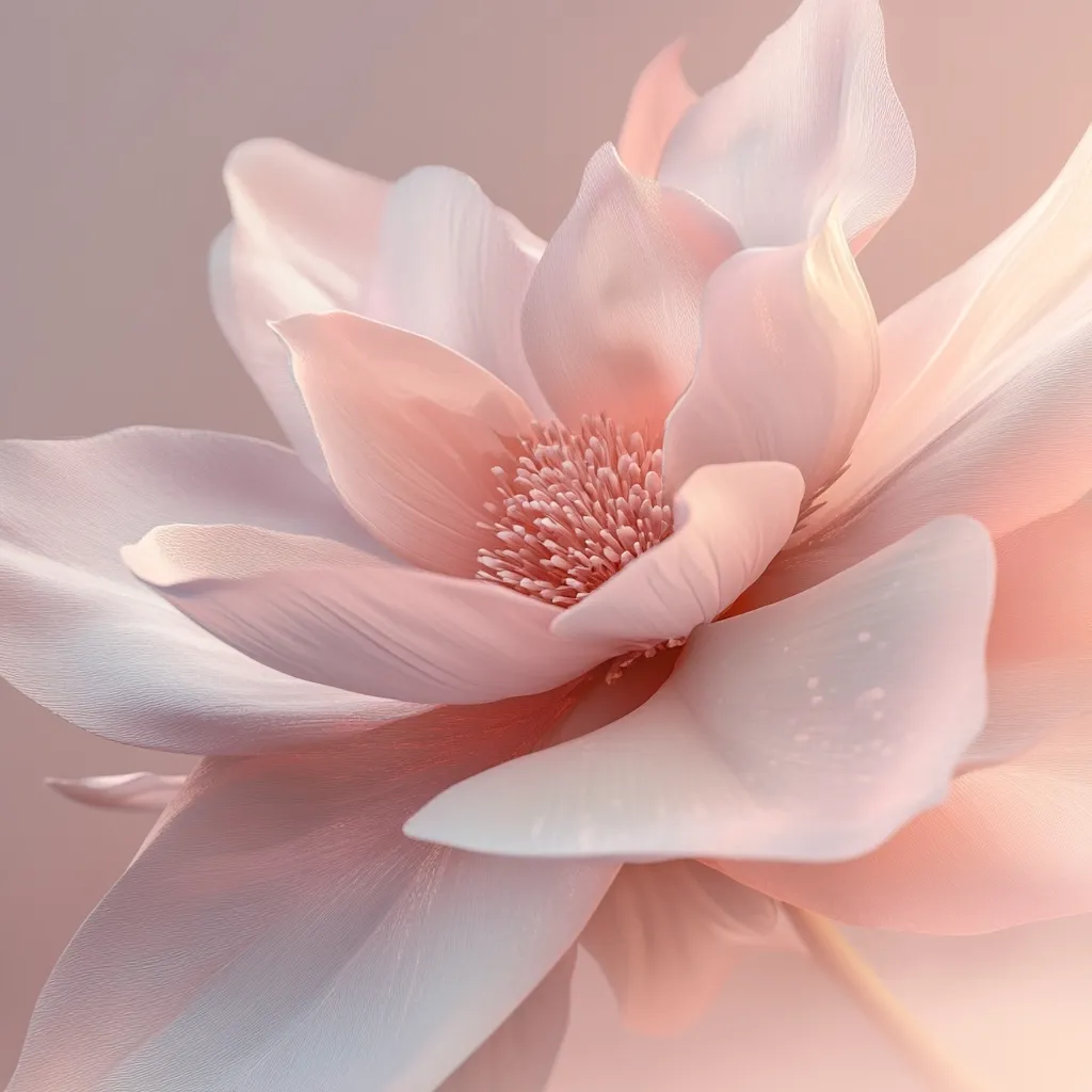 Here's a description of the image:

Close-up view of a single, large, pale pink flower. The petals are delicate and numerous, exhibiting a soft, almost translucent quality.  The center of the blossom reveals a densely packed cluster of smaller, similarly hued stamens. The overall aesthetic is serene and subtly luminous, suggesting a soft, diffused light source. The background is a similarly muted, pastel pink, drawing attention to the flower's intricate details. The image has a slightly dreamy, almost surreal quality.