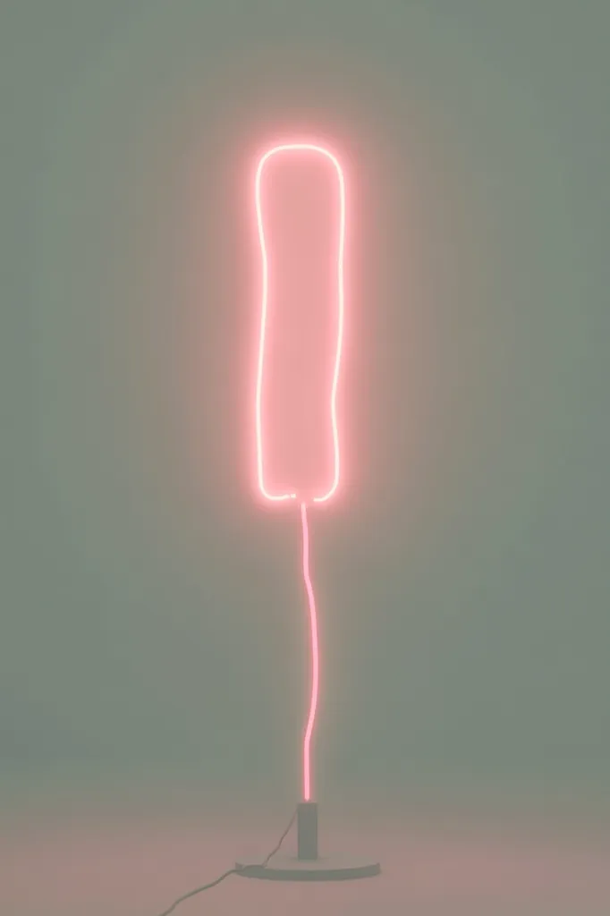 The image shows a minimalist pink neon light sculpture.  The neon forms a rectangular shape resembling a popsicle, with a thin line extending downwards to a small, dark base. The light is softly glowing against a muted, light green background.  The overall aesthetic is simple, modern, and slightly surreal. The photograph is well-lit and showcases the neon's soft glow effectively.