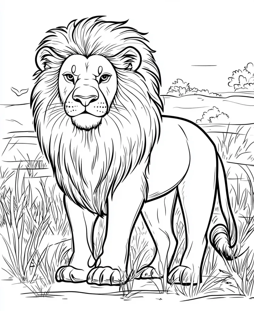 This is a detailed line drawing of a male lion standing in tall grass.  The lion is depicted in profile, facing forward, showcasing a full mane and powerful physique. The background suggests a savanna landscape with sparse trees and a distant horizon.  The style is reminiscent of a coloring page, with clean lines and a focus on the animal's features. The overall impression is one of majestic wildlife in its natural habitat.