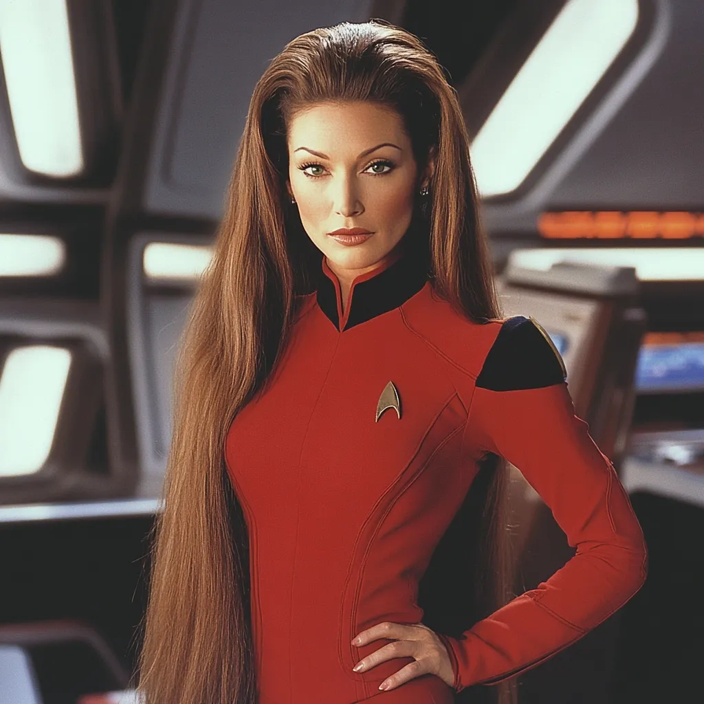 A woman with long, straight brown hair stands against a blurred backdrop suggesting a Starfleet bridge. She's wearing a red Starfleet uniform with a black collar and shoulder accents, and a gold Starfleet insignia is visible on her chest. Her expression is serious and confident, her hand resting on her hip. The image evokes a science fiction setting, possibly a still from a Star Trek film or television series.  The lighting emphasizes her features and the details of her uniform.