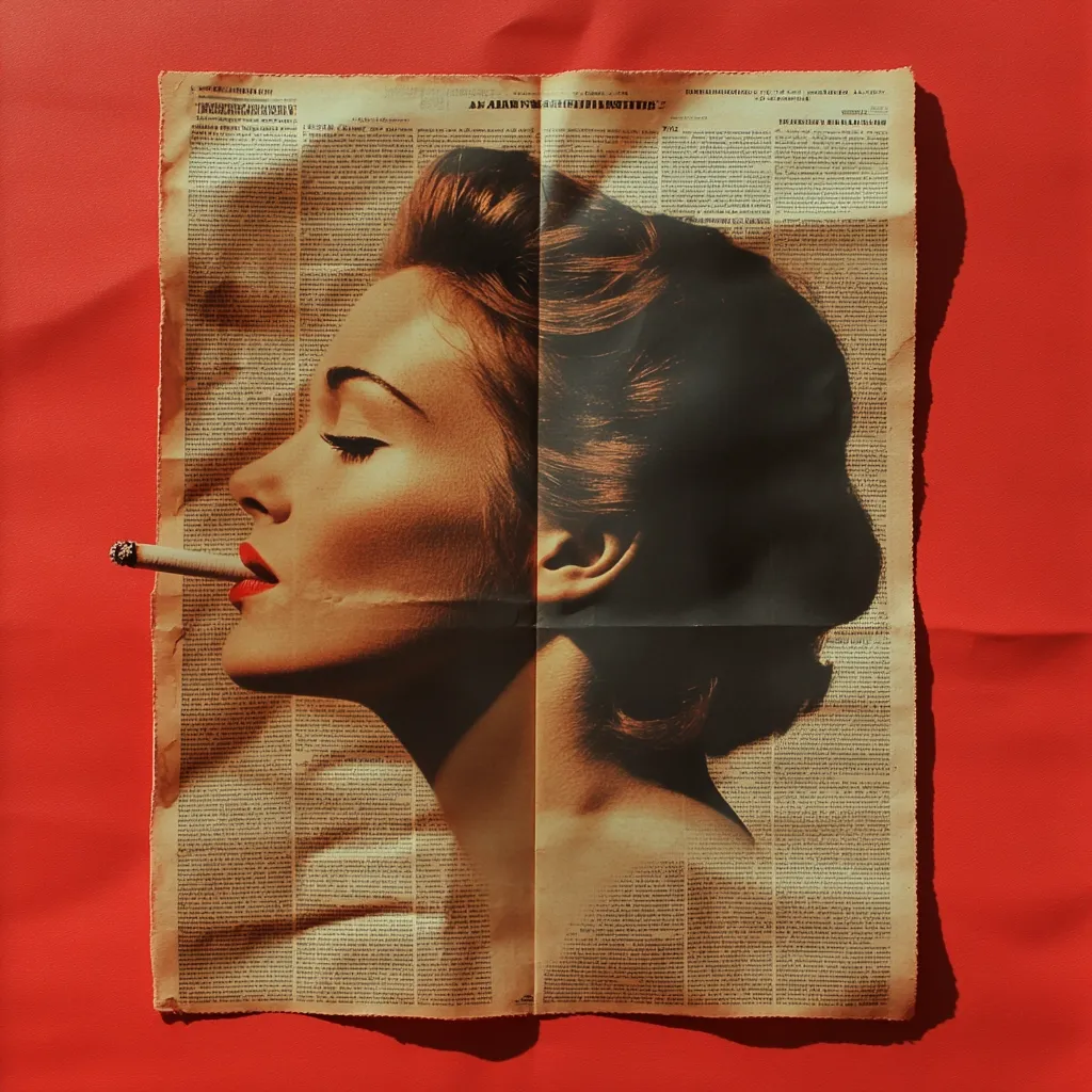 Here's a description of the image:

The image shows a folded newspaper page featuring a stylized portrait of a woman.  The woman, with dark auburn hair styled in a 1950s updo, is depicted in profile, smoking a cigarette. Her expression is serene, almost melancholic.  The newspaper text is illegible but gives a vintage feel, contrasting with the rich tones of the woman’s portrait. The overall effect is a striking juxtaposition of a classic pin-up style and the texture of newsprint, creating a visually arresting piece.  The newspaper is displayed against a vibrant red background.
