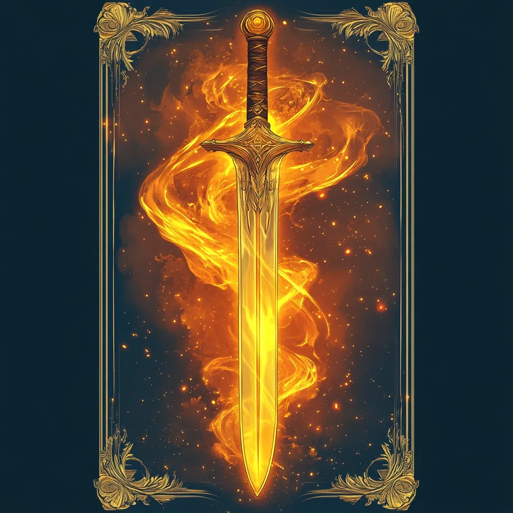 The image depicts a stylized, ornate sword, seemingly forged from gold, set against a backdrop of swirling, fiery orange and yellow flames.  The sword has an elaborate hilt and pommel, suggesting a magical or legendary quality. It is framed by an elegant, gold filigree border on a dark blue background, creating a sense of majesty and power. The overall effect is one of fantasy and possibly represents a sacred or powerful weapon.