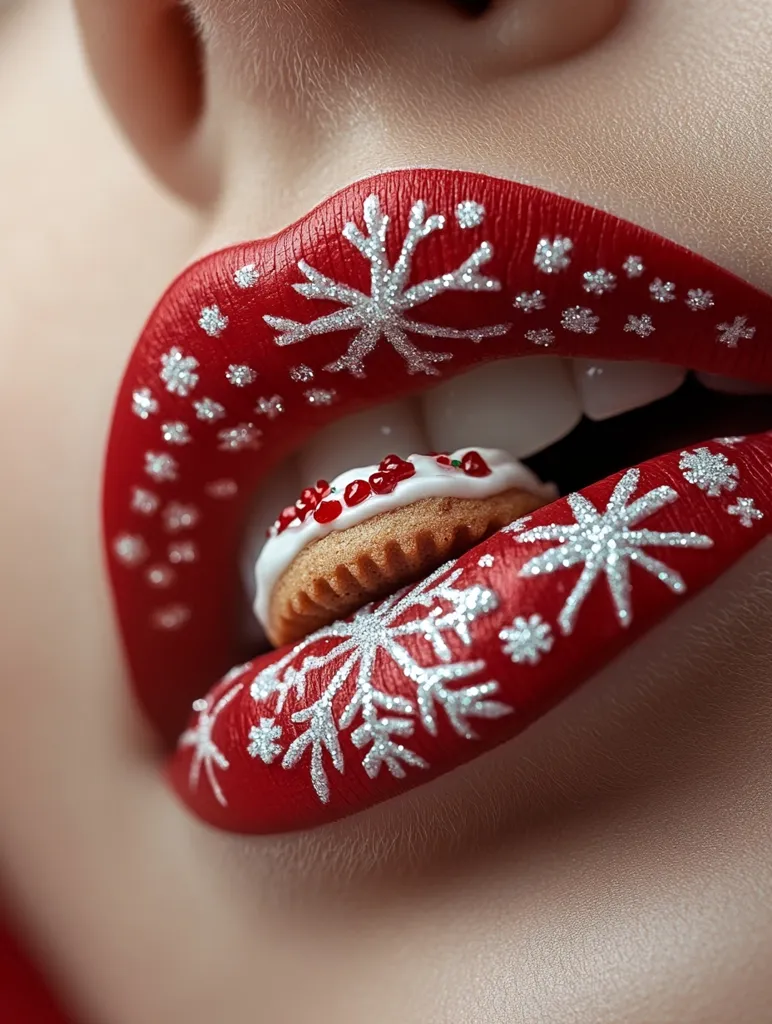 Here's a description of the image:

Close-up view of a woman's lips adorned with festive makeup. The lips are painted a vibrant red, embellished with silver glitter snowflakes.  A small, round cookie, decorated with red icing, is delicately held between the lips. The image is highly detailed, focusing on the texture of the makeup and the cookie. The overall aesthetic is one of holiday cheer and beauty.