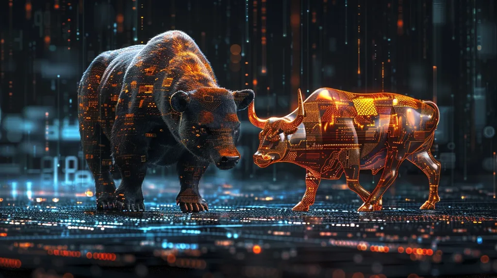 A digital artwork depicts a black bear and a bronze bull, symbolic of bearish and bullish market trends, respectively.  Both animals are rendered with intricate circuit board designs, glowing against a dark background mimicking a data stream. They face each other, suggesting market volatility and the constant tension between opposing forces in the financial world. The overall style is futuristic and high-tech, emphasizing the role of technology in modern finance.