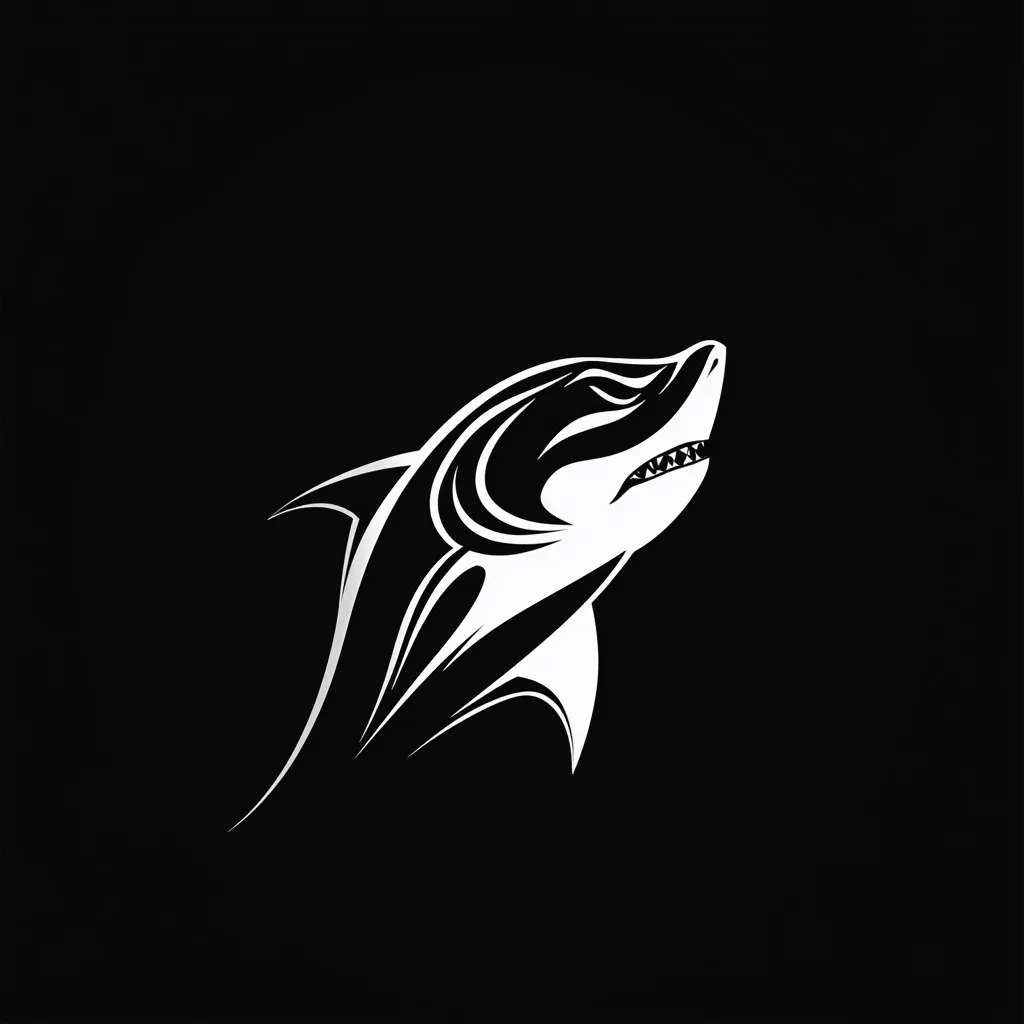The image is a stylized graphic design of a shark. It's a monochromatic design, featuring a white shark silhouette against a black background. The shark is depicted in a dynamic pose, appearing to leap or surge upwards. The style is bold and simple, with clean lines suggesting strength and power. The design uses negative space effectively, creating a striking visual impact.  It could be used as a logo or emblem.
