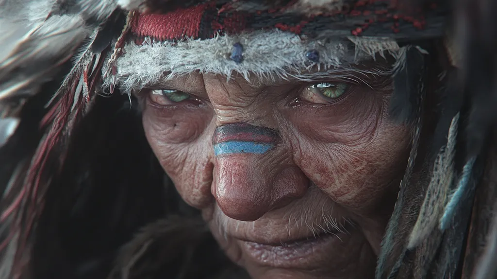 Close-up of an elderly Indigenous person's face, their weathered skin deeply lined and bearing the marks of time and experience.  Intense, knowing green eyes gaze directly at the viewer.  A headdress with feathers and a white band frames their face, partially obscuring the top.  A blue and red marking adorns their nose. The image is darkly lit, emphasizing the texture of the skin and the intensity of the gaze. The overall impression is one of wisdom, age, and resilience.