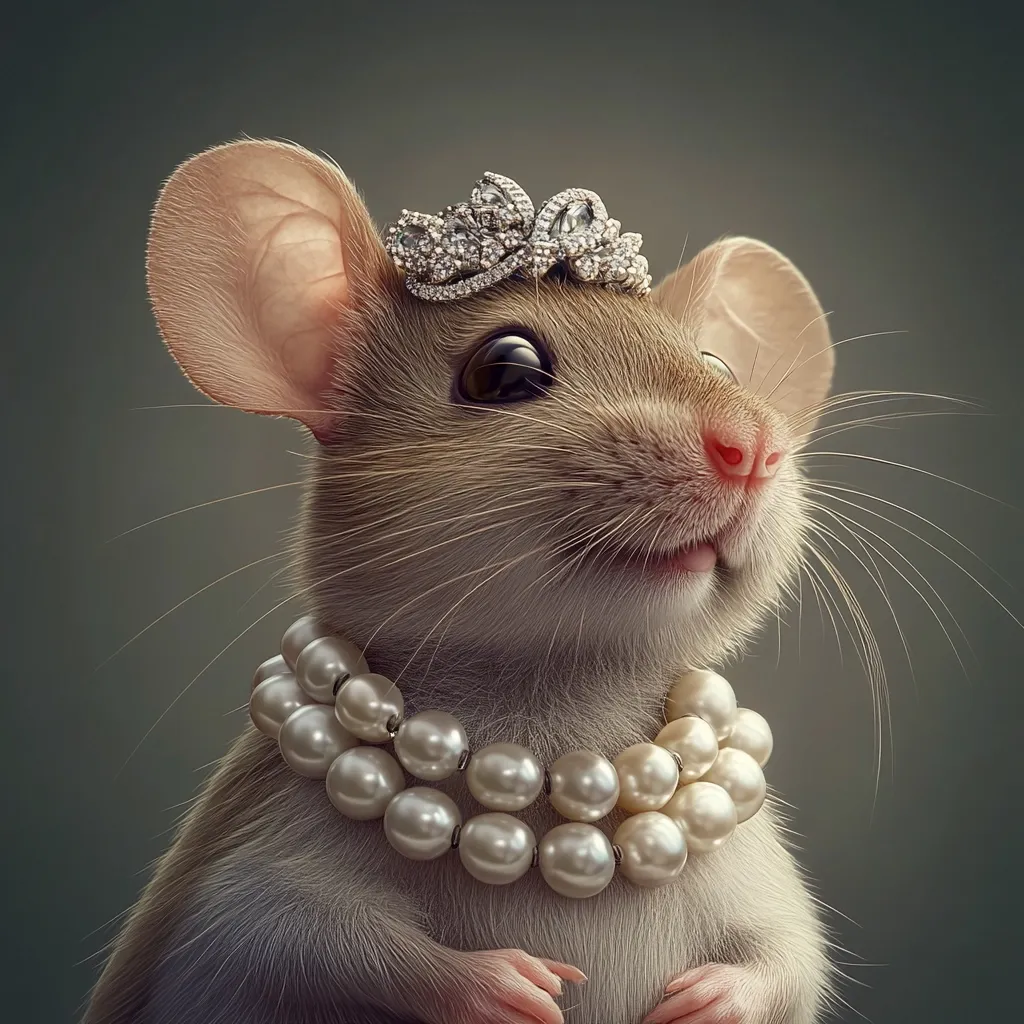 Here's a description of the image:

Close-up view of a rat adorned with elegant jewelry.  The rat, light brown in color, is wearing a delicate silver tiara encrusted with sparkling gems atop its head.  Around its neck, it sports a double strand of lustrous white pearls. Its large ears are visible, and its expression is one of quiet dignity. The background is a muted, dark grayish-green, providing a stark contrast to the rat's light fur and the gleam of its jewelry. The overall impression is one of whimsical sophistication and unexpected royalty.