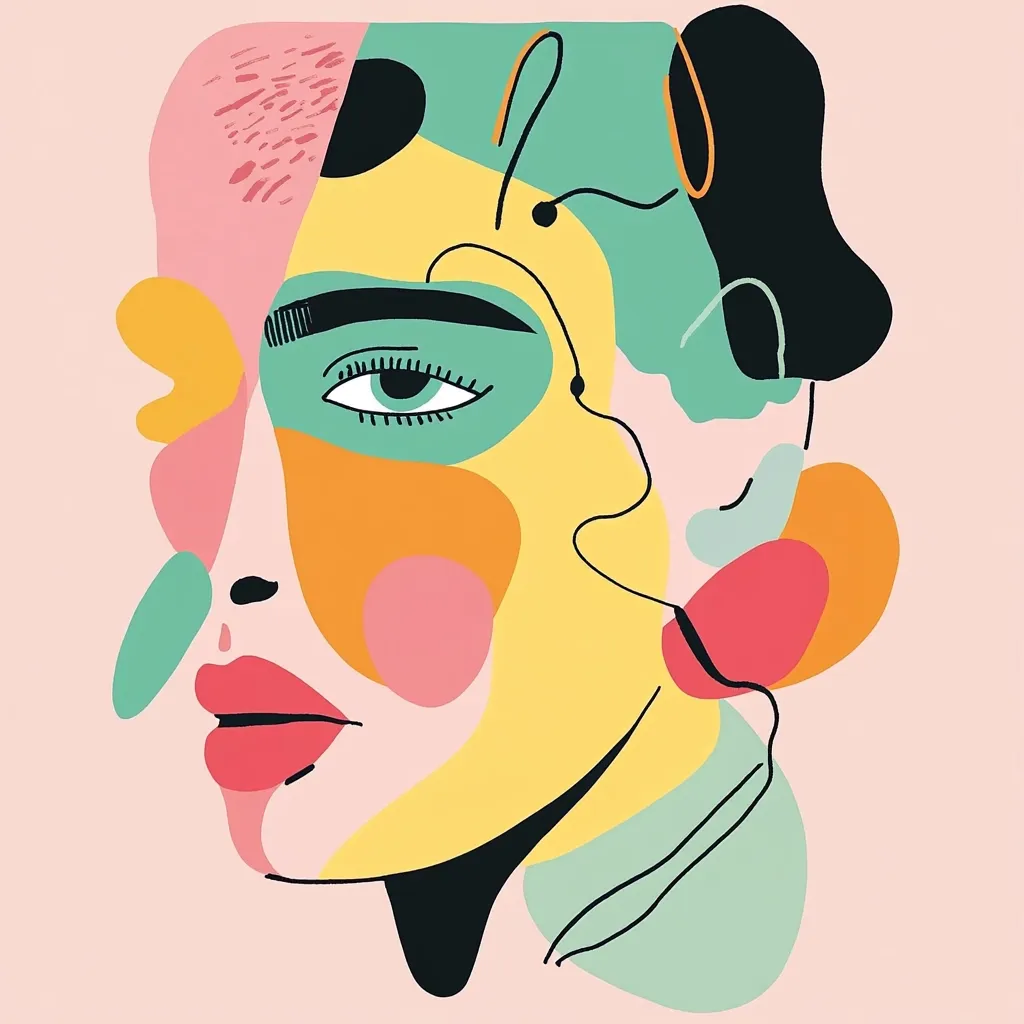 This abstract artwork depicts a woman's face, rendered in a vibrant, playful style.  Bold, organic shapes in shades of yellow, pink, orange, and teal create the facial features.  Black lines weave through the forms, adding a sense of movement and depth. The overall effect is a modern, stylish, and slightly surreal representation of a female portrait, blending elements of cubism and contemporary illustration. The pale pink background complements the bright color palette.