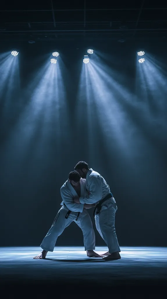 Two men in white judo gis grapple on a dark stage illuminated by spotlights.  The lower figure is in a defensive posture, while the upper figure has him in a hold.  The dramatic lighting emphasizes the intensity of the martial arts match, creating a powerful and dynamic image. The background is dark and smoky, focusing attention on the competitors.  The scene evokes a sense of competition and skill.