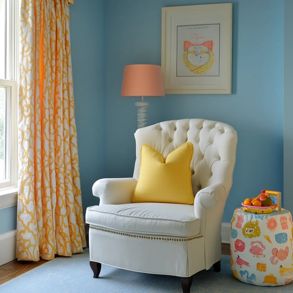 A serene corner in a child's room features a white upholstered armchair with a yellow pillow.  A coral lamp stands beside it, and a framed picture of a cat hangs on the pale blue wall.  Gold and white patterned curtains frame a window, and a whimsical, colorful ottoman sits near the chair holding a small bowl of fruit. The overall aesthetic is cheerful and calming, combining soft colors and playful patterns.