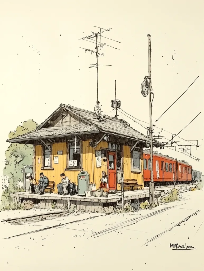 Here's a description of the image:

The illustration depicts a quaint, pale yellow train station with a gently sloping roof. Several people are seated on benches on the platform, waiting. A long, red passenger train stretches out behind the station.  Overhead wires and a tall antenna add to the scene's detail. The style is reminiscent of a sketched drawing, with visible pen strokes and a light, muted color palette. The overall impression is one of quiet contemplation and peaceful rural life, possibly in Japan given the architectural style.  The artist's signature is subtly placed in the bottom right corner.