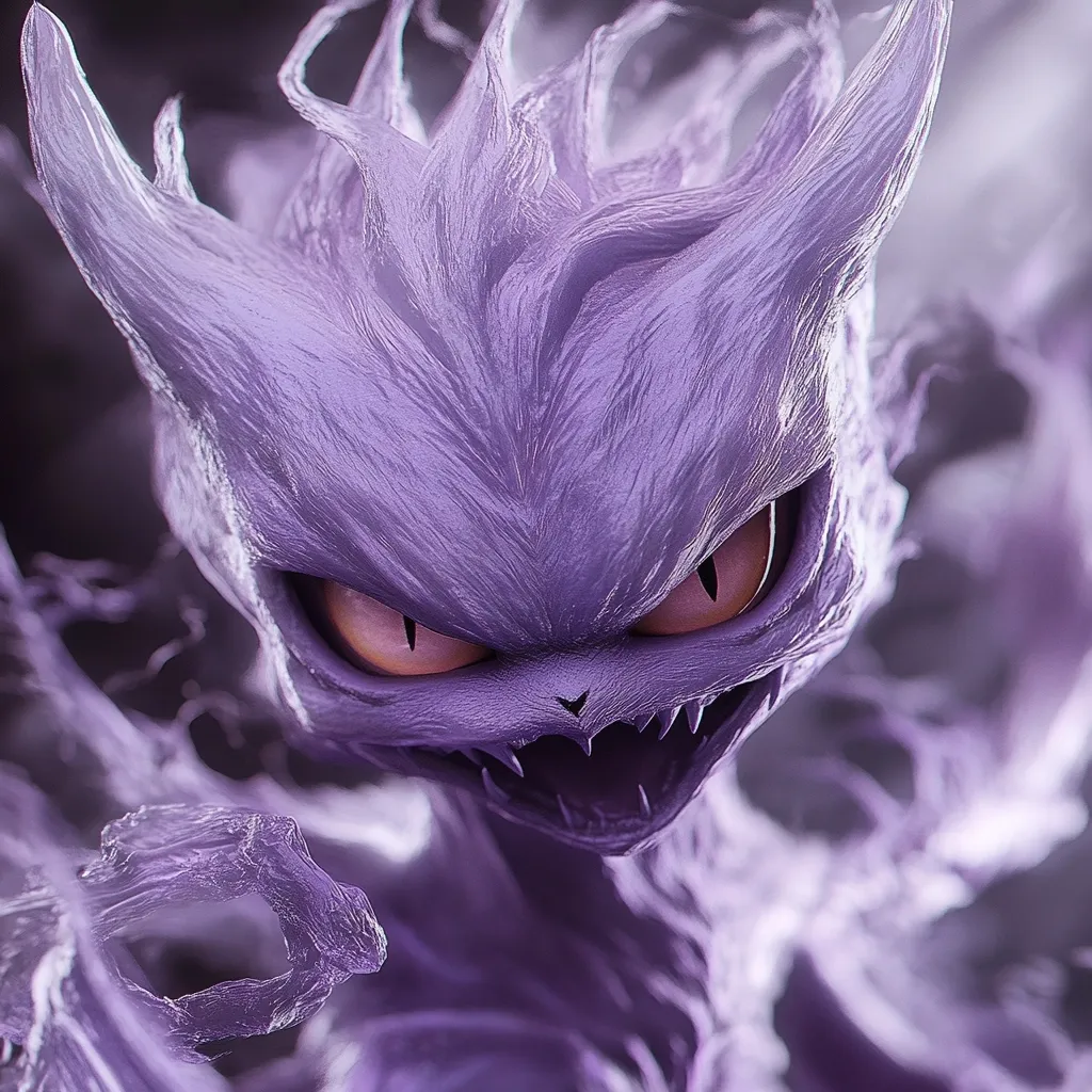 Here's a description of the image:

The image is a close-up rendering of a Gengar, a Pokémon known for its ghostly appearance.  It's depicted in a dark purple hue, with a textured, almost viscous, quality to its form. The Gengar's features are sharp and menacing:  fiery orange eyes, a sharp-toothed grin, and spiky, flowing tendrils that give it a fluid, ethereal feel.  The overall effect is a frightening yet captivating portrayal of the creature, emphasizing its shadowy, sinister nature. The background is blurred, keeping the focus solely on the Gengar.