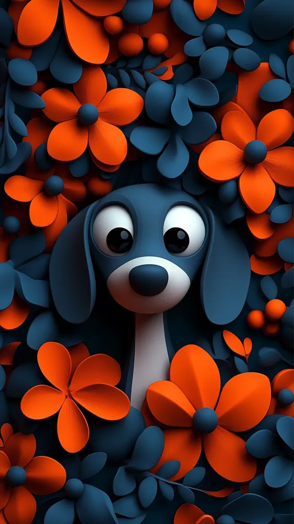 Here's a description of the image:

The image is a stylized illustration featuring a cartoonish dog nestled amongst vibrant, three-dimensional flowers. The dog is a deep teal blue with large, expressive eyes and a white chest, appearing friendly and somewhat curious.  The flowers are a striking contrast, in shades of bright orange and dark teal, creating a visually appealing pattern. The style is reminiscent of papercraft or digital sculpting, with a smooth, almost glossy texture to the elements. The overall color palette is bold and saturated, with the orange flowers standing out against the darker blue foliage. The composition is tightly framed, drawing the viewer's attention to the cute dog hidden within the floral arrangement.