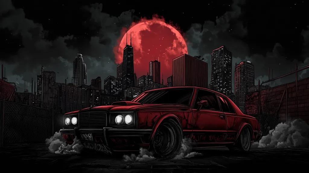 Here's a description of the image:

The illustration showcases a dark, stylized cityscape at night, dominated by a large, blood-red moon. A classic red muscle car, rendered with meticulous detail, is the focal point, positioned in an alleyway or backstreet.  Smoke billows from its tires, suggesting motion. The city's buildings are rendered in dark tones, with some appearing dilapidated, contrasting with the vibrant red of the car and moon, creating a moody, almost ominous atmosphere. The overall style is reminiscent of comic book art or a graphic novel.