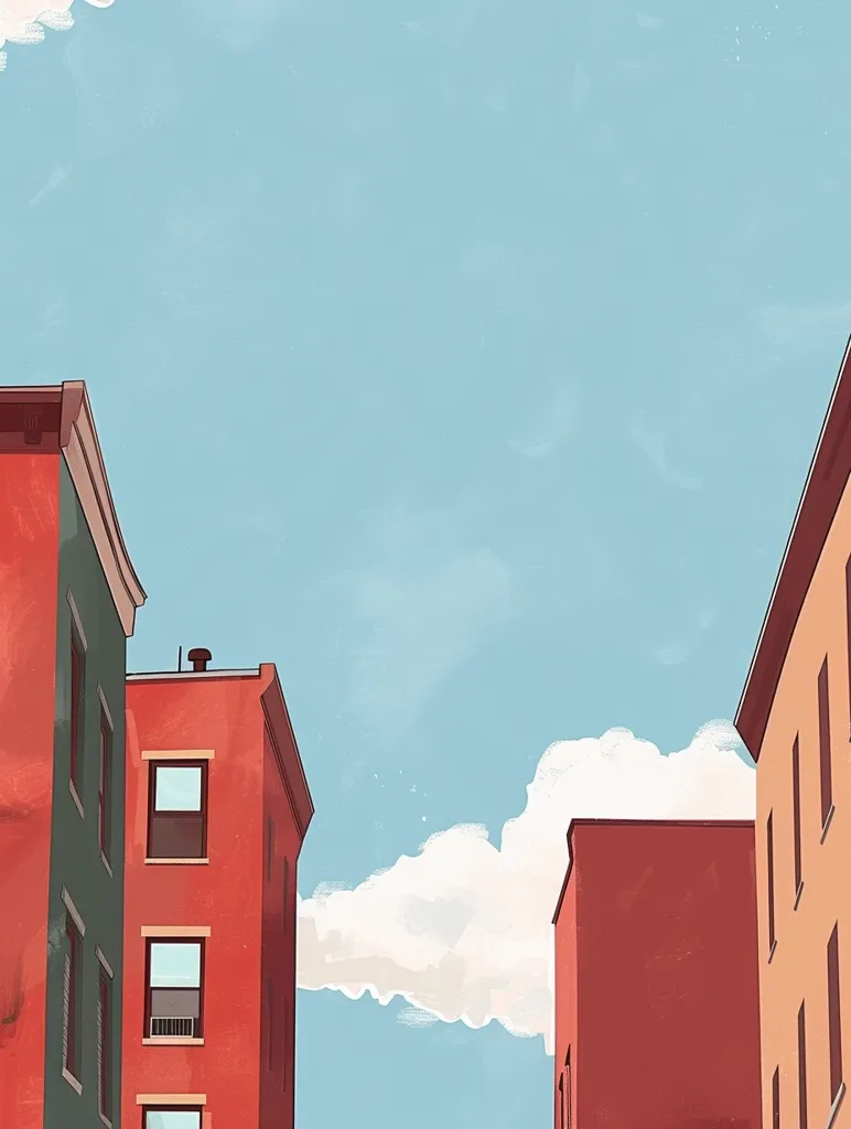 Here's a description of the image:

The illustration depicts a minimalist cityscape under a pale blue sky.  Three buildings, rendered in simple, flat colors of muted red and a darker teal-green, dominate the composition.  The buildings are shown from a low angle, emphasizing their height against the vastness of the sky. A fluffy white cloud drifts in the upper right portion of the scene. The style is clean and modern, suggesting a sense of calm and urban serenity.