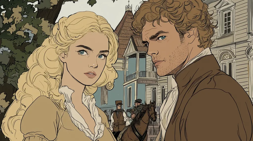 Here is a description of the image:

The illustration features a young couple, a woman with long blonde hair in an off-white dress and a man with curly brown hair in a brown coat, standing close together against a backdrop of an 18th-century-style building and street scene.  The woman looks slightly away, while the man gazes directly at the viewer.  In the background, soldiers on horseback are visible, adding a sense of period context. The art style is reminiscent of a graphic novel, employing clean lines and muted colors. The overall mood is one of quiet intensity and romantic tension.