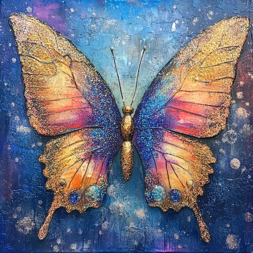 Here's a description of the image:

The artwork depicts a large, intricately detailed butterfly against a textured, dark blue background speckled with white and silver. The butterfly's wings are predominantly gold and iridescent, with hints of purple, orange, and teal.  A glittering texture is evident throughout, adding to its radiant appearance. The body of the butterfly is a metallic gold.  The background style suggests a cosmic or night sky effect, contrasting with the vibrant butterfly.  The overall impression is one of ethereal beauty and opulence.