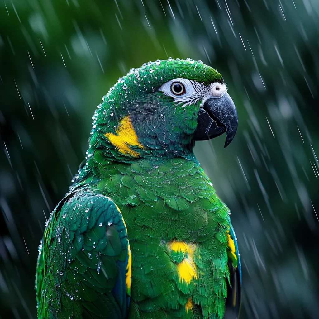 A vibrant green parrot, possibly a military macaw, is the focus of the image.  Rain falls heavily around it, coating its bright green and yellow feathers with glistening droplets.  The parrot's head is turned slightly, revealing its dark beak and a hint of white around its eye. The background is blurred but shows a lush, dark green setting, suggesting a tropical rainforest environment.  The overall impression is one of vibrant color and tropical rainstorm intensity.