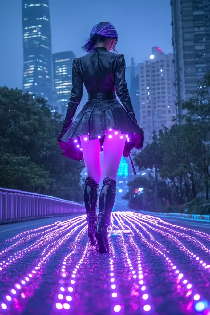 A woman with purple hair, wearing a black leather jacket and a short, LED-lit skirt, walks down a city street at twilight.  The skirt glows purple, matching the lines of purple lights embedded in the road. She wears tall black boots and her back is to the camera, showcasing her outfit against the backdrop of modern skyscrapers. The overall atmosphere is futuristic and stylish.