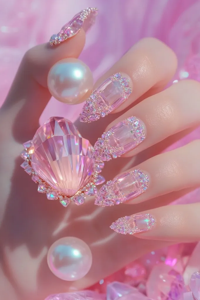 Here's a description of the image:

Close-up view of a hand adorned with elaborate pink nail art. Each nail is intricately decorated with numerous small, light pink crystals arranged in geometric patterns, creating a sparkling, gem-like effect.  The nails are long and pointed. A large, pink, faceted gemstone ring, similarly embellished with smaller crystals, is prominently featured on the same hand, nestled amongst iridescent pearls. The overall aesthetic is intensely feminine and luxurious, with a pastel pink and sparkling crystal theme. The background is a soft, blurred pink, enhancing the focus on the nails and jewelry.