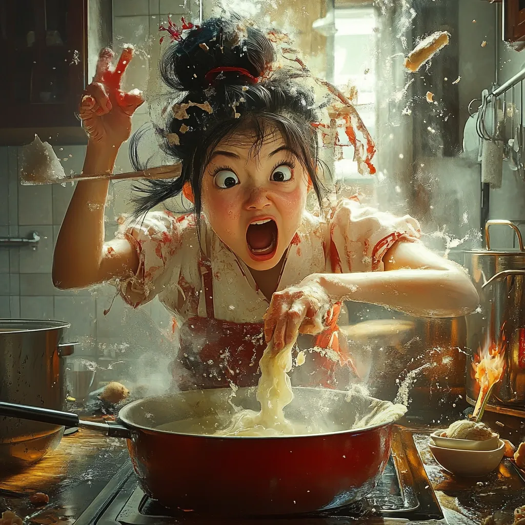 A stylized digital painting depicts a young woman, her hair askew with flour, in a chaotic kitchen scene.  She's in mid-action, a surprised expression frozen on her face as she frantically stirs a large pot of steaming dough. Flour and food particles fly around her, creating a dynamic, almost explosive, effect.  The overall style is hyper-realistic, yet cartoonish, with exaggerated features and expressions. The scene is brightly lit, highlighting the chaos of the cooking process.