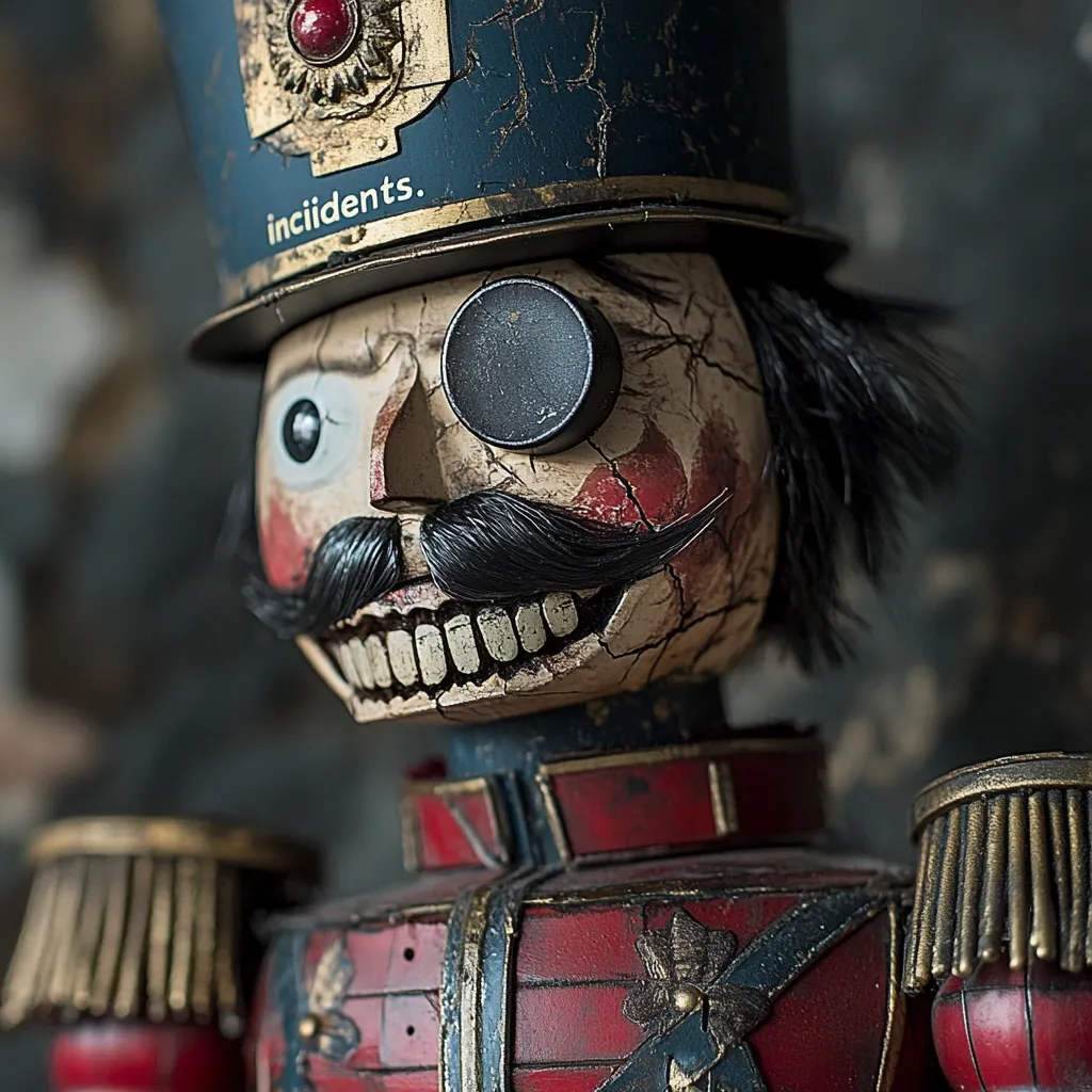 Close-up view of a weathered nutcracker figurine.  The nutcracker is a soldier, adorned in a distressed, red and blue uniform, with a tarnished gold trim.  His face is cracked and aged, revealing a sinister grin beneath a black monocle. The word "incidents." is faintly visible on his hat. The overall aesthetic is dark, gothic, and slightly unsettling.  The image focuses on the intricate detail and the toy's eerie character.