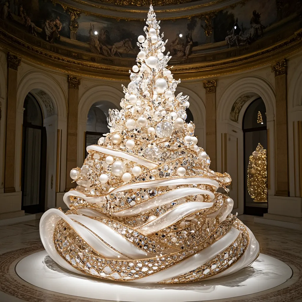 A magnificent Christmas tree, adorned with shimmering crystals and pearls, stands in an opulent, classical setting.  White ribbons elegantly drape around the tree, creating a flowing, luxurious design. The tree's base is a circular platform, further enhancing its grandeur. The background features a grand hall with arched doorways and ornate ceilings, suggesting a museum or palace. The overall effect is one of extravagant beauty and festive opulence.